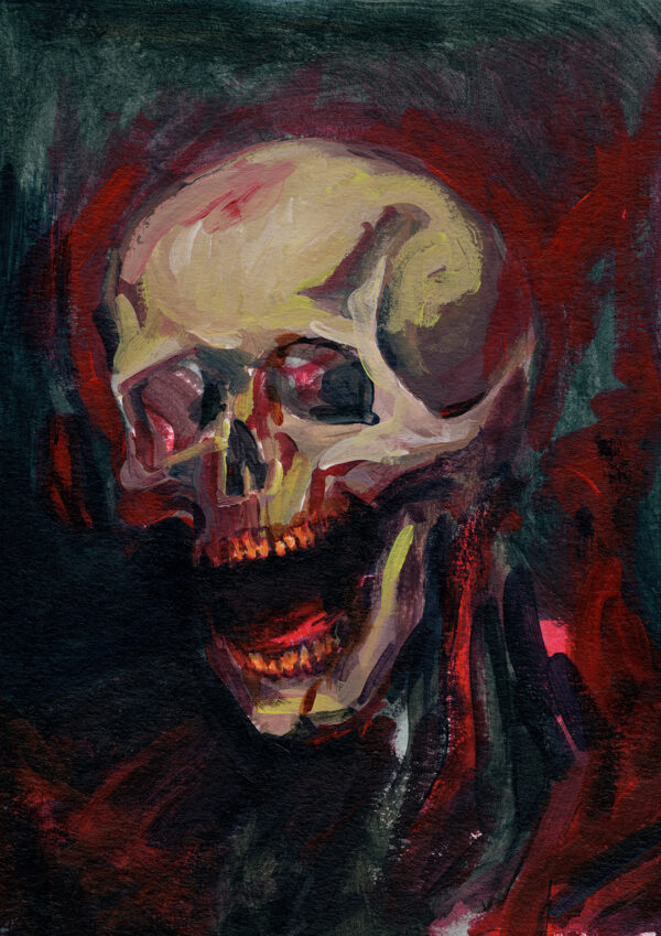 "Ilustración de calavera en tonos rojos con pinceladas gestuales y expresionistas, evocando emoción y dinamismo."