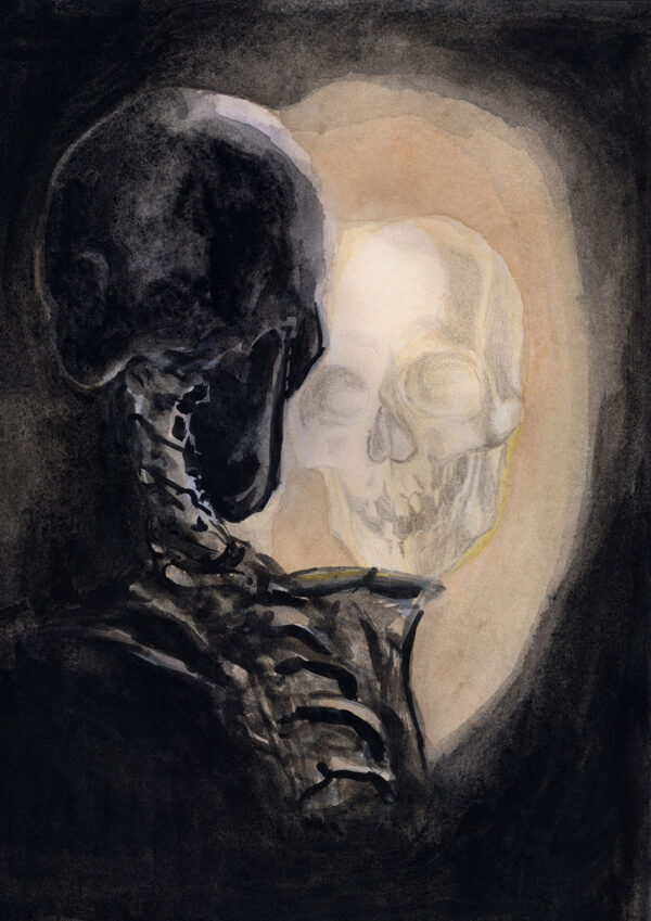 "Un esqueleto contempla su reflejo etéreo en una ilustración enigmática de tonos oscuros y cálidos."