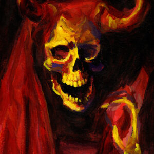 Calavera infernal con cuernos y una expresión siniestra, representada en tonos rojos y oscuros.