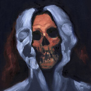 "Ilustración de calavera con doble rostro en tonos azulados y rojos, transmitiendo una sensación de desdoblamiento y presencia fantasmal."